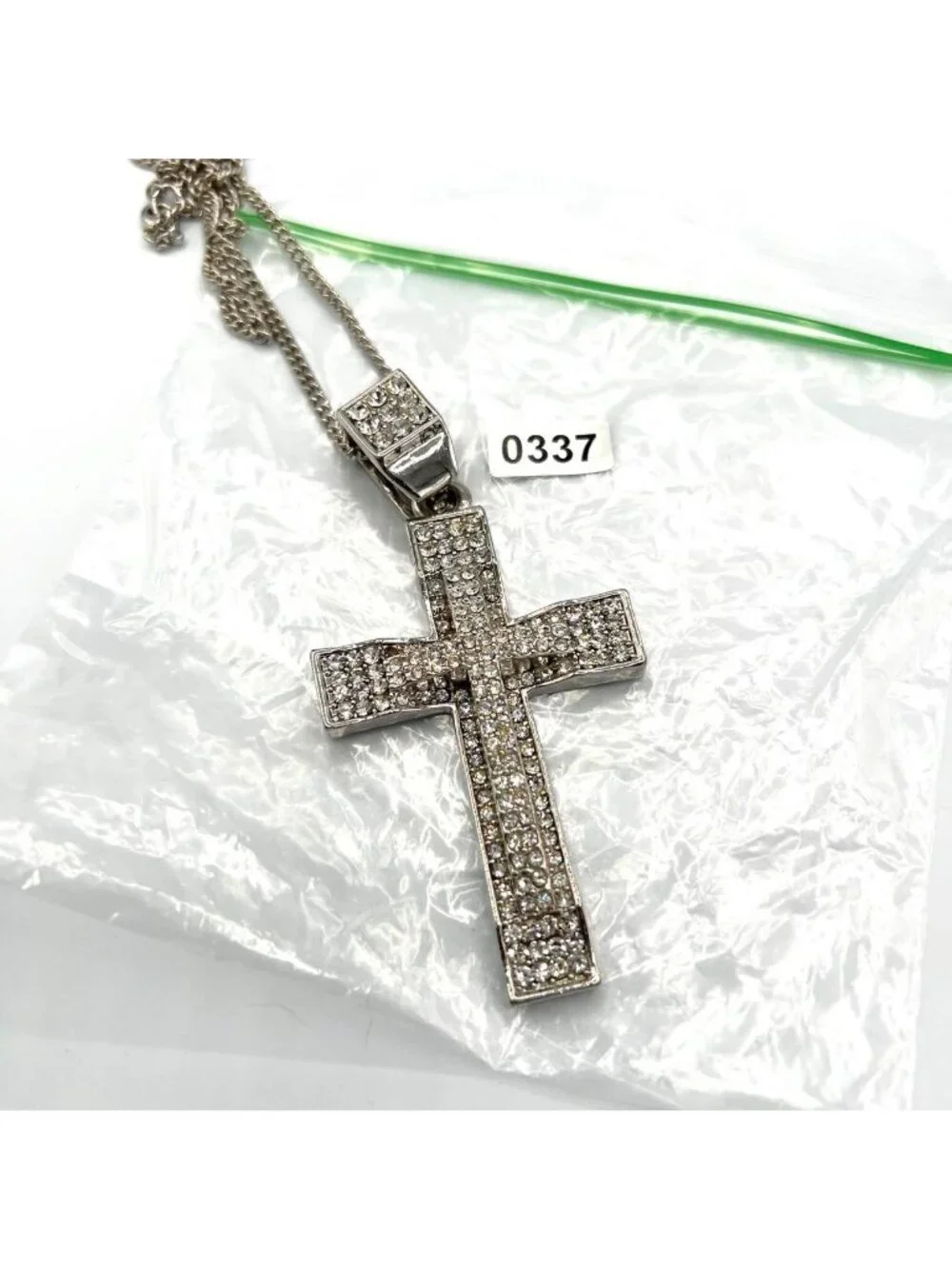 Iced Out Rhinestone Cross Pendant Necklace Silver Tone 24” Chain Unisex Bling